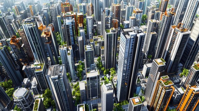 Extremely high-density modern skyscrapers, tall buildings tightly packed in a vibrant urban cityscape, showing towering structures with glass and steel facades, numerous buildings standing closely tog