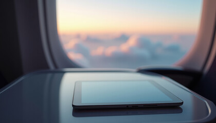 Tablet on airplane tray with window view at sunset.
