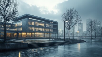 Obraz premium [Beautiful new modern metall building on the square with the city in the background] advertising, 8k, ultra-realistic, photograph, octane render, volumetric light, high detailed, sharp focus, trending