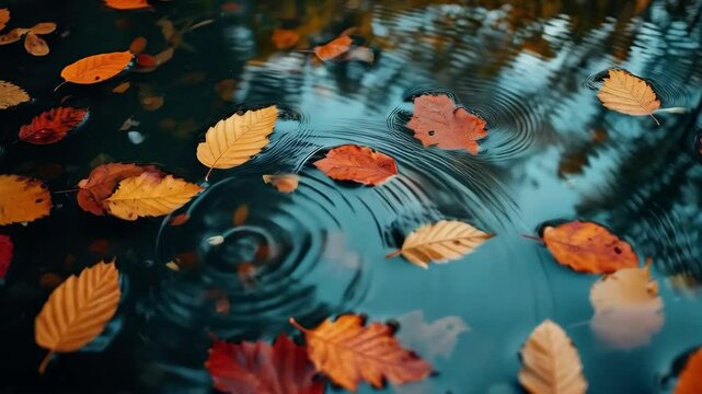 Autumn leaves dance on rippling pond reflecting colorful trees