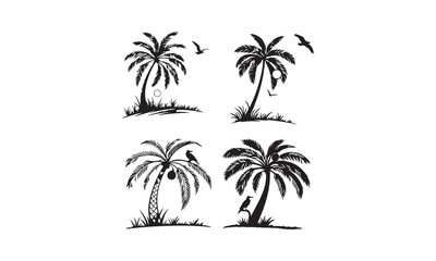 Palm silhouettes. Highly Detailed Palm Trees, Tropical trees for design about nature. A palm tree isolated on white. Black palm trees set isolated on white background.