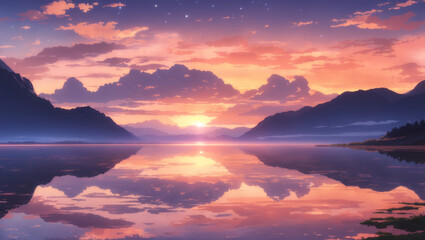 A serene landscape illustration features a colorful sunset over a reflective lake surrounded by mountains, displayed in a file submission interface. The image is tagged as illustrative editorial conte