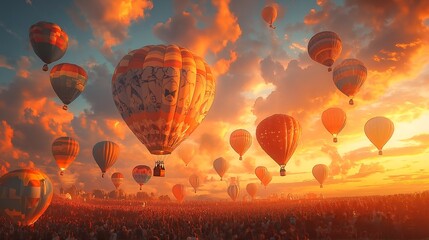 Obraz premium Hot air balloons flying over a crowd of people at sunrise or sunset.