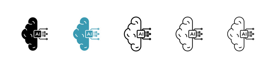 AI brain icons set in black filled and stroke line style