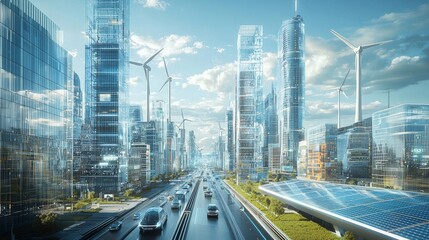 Obraz premium A futuristic city powered by sustainable technology, with transparent solar panels, wind turbines on skyscrapers, and autonomous vehicles gliding through clean, tech-driven streets , minimalist photog