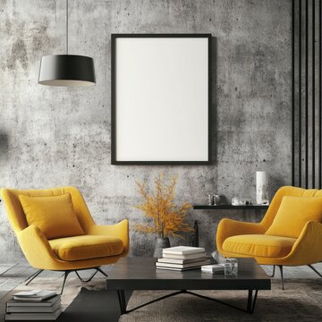 icture frame mockup hanging on the wall of an industrial-style living room, with yellow armchairs and a coffee table with books nearby.