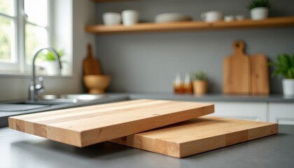 Blurred Kitchen Counter Scene: Two Cutting Boards, Sink, Window, Shelves