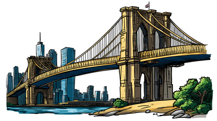 Brooklyn bridge in New York. Vector comic hand-drawn illustration of Brooklyn bridge