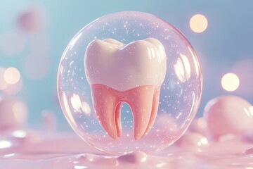 Highly detailed 3D illustration of a white healthy tooth in pink gums, glowing bubble encapsulation, clean gradient background, focus on dental care, hygiene, protection, oral health