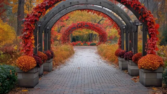 Vibrant autumn pathway through colorful archways in serene botanical garden