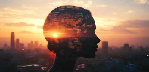 A woman’s silhouette is captured as the sun sets behind a sprawling city skyline. The warm hues of the sky blend beautifully with urban structures, creating a harmonious view.