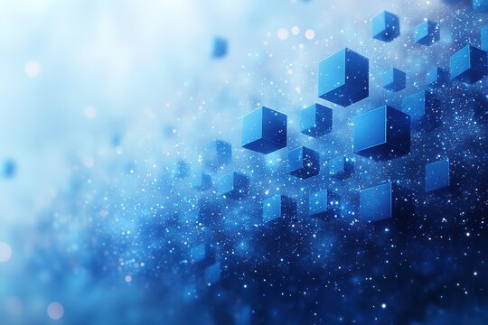 Abstract blue cubes floating in a sparkling, cosmic-like background.  Perfect for technology, data, or innovation concepts.