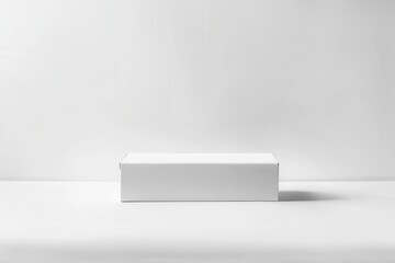 Minimalist presentation of a closed white box on a light background in a studio setting