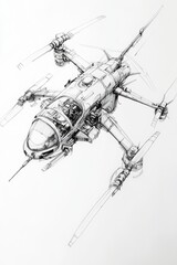 A detailed pencil sketch of a futuristic multi-rotor drone with a cockpit and advanced mechanical design elements