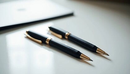 Elegant Black and Gold Pens on White Table with Notepad: Blurred Background Highlights Essentials