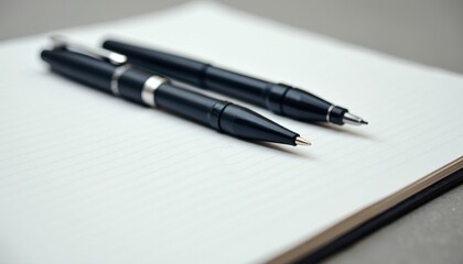 Blurred Background: Two Black Fountain Pens on a White Notebook