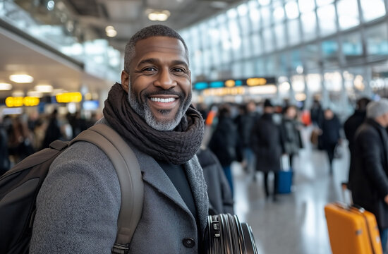 A happy Black man with luggage  standing at airport terminal.