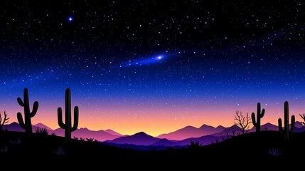 Fototapeta premium Mystical Desert Night: Cacti Silhouettes Under a Starry Sky