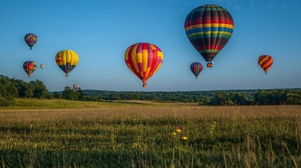 Fototapeta premium Balony na ogrzane powietrze latające nad polem porośniętym dzikimi kwiatami i drzewami.