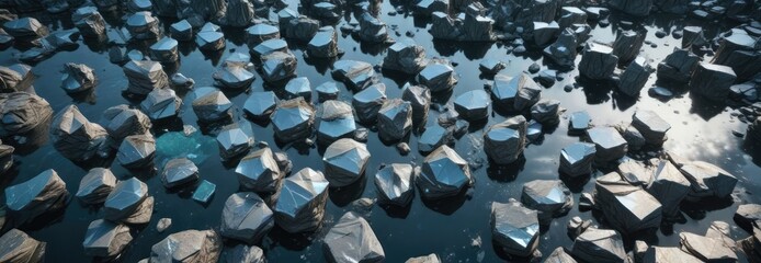Fototapeta premium Aerial view of floating stone formations amidst a sea of fragmented mirrors and shattered glass , shattered, surreal