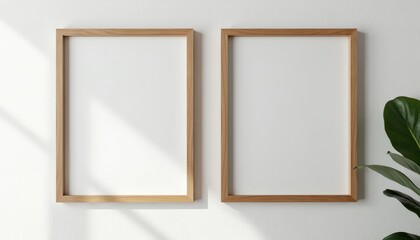 Natural Wood Frames Against Vibrant Green Leaves on a White Wall