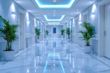 Modern, bright hallway with marble floors and potted plants. Clean, minimalist design.