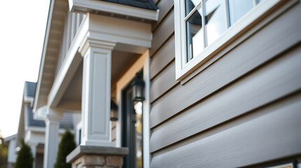Fototapeta premium Modern House Exterior: Gray Siding, White Trim, and Architectural Details
