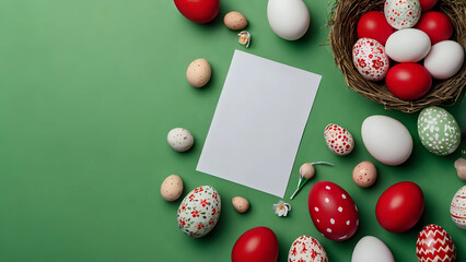 Easter banner with a blank sheet of paper and Easter red and white eggs on a bright green background.
