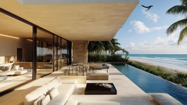 Modern beachfront villa with infinity pool overlooking ocean at sunset