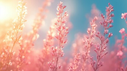 Soft Pink Flowers Against a Sunny Sky, close up, natural view, in bloom, Generated AI