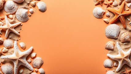 Obraz premium Summer background in orange tones. Seashells, sea sand and starfish on a pale orange background. A photo with a place to copy the text.