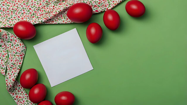 Easter banner with a blank sheet of paper and Easter red and white eggs on a bright green background. - Powered by Adobe