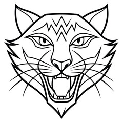 A minimalist line art design of a  big cat head, showcasing sharp angular lines and flowing curves to highlight with piercing eyes.