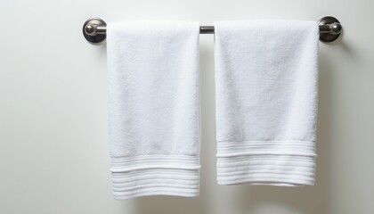 Stunning Contrast: Two Pristine White Towels Hung Against a Neutral White Wall
