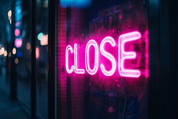 Modern "CLOSE" sign in glowing neon lights, vibrant pink, blue, and purple, mounted on dark wall, urban aesthetic