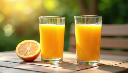 Vibrant Oran Juice Glasses on a Wooden Table with Blurred Background