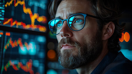 Financial analyst monitoring stock market trends modern office professional portrait indoor environment close-up viewpoint data-driven insights