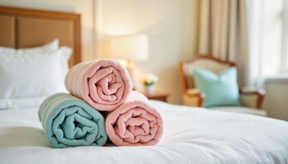 Organic cotton towels in pastel shades on hotel bed, cozy ambiance