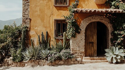 Fototapeta premium Rustic Spanish villa entrance, garden, mountains, sunny day, travel brochure
