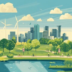 An illustration-style scene with a city skyline under blue skies and white clouds