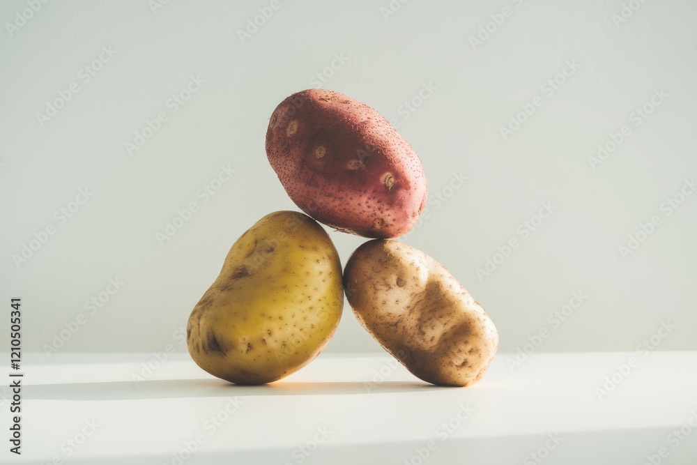 Poster Three potatoes of different colors and sizes are stacked in a triangular shape.
