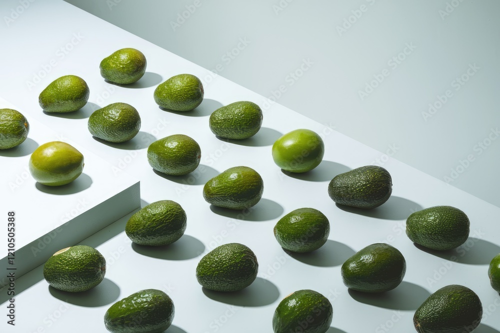 Poster A minimalist arrangement of avocados and limes on a light-colored surface, creating a visually appealing pattern.