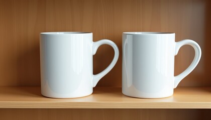 Pristine White Ceramic Mugs on a m Wood Shelf