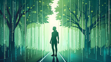 A solitary figure stands in a digital forest, surrounded by glowing green data streams