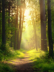 Fototapeta premium Sunlit Forest Path Leading Through Majestic Greenery and Tall Trees : Generative AI