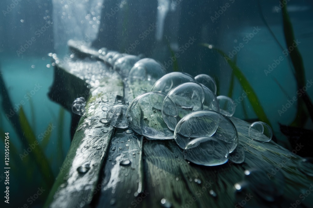 Poster underwater scene: rain-soaked wooden plank with many transparent bubbles resting on its surface surr
