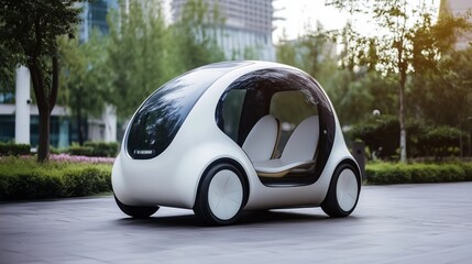 A futuristic electric vehicle with a sleek design is parked in a vibrant urban park. Lush greenery and tall buildings create a tranquil atmosphere in the backdrop under gentle sunlight.
