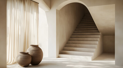 Serene interior with beige staircase and earthenware pots bathed in sunlight.