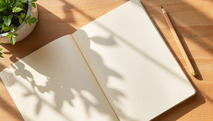 Open recycled notebook on wooden desk with soft shadows, eco-friendly design