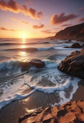 Obraz premium A stunning asymmetrical sunset over a rugged coastline with waves gently lapping at the shore, ocean waves, serene atmosphere, rocky shoreline